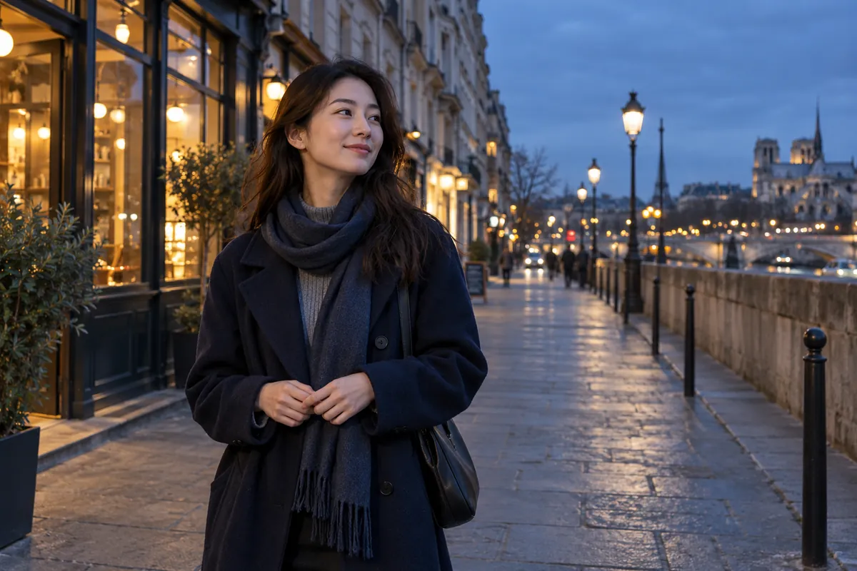 夜景人像构图示意：人物轮廓清楚，视线方向留有空间